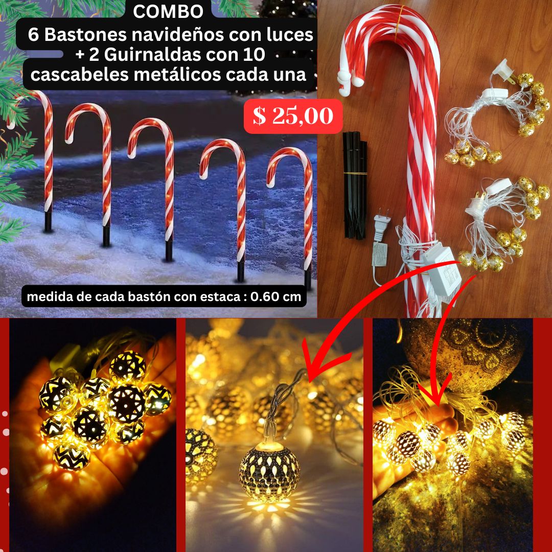 COMBO Bastones Navideños y Guirnaldas Cascabel