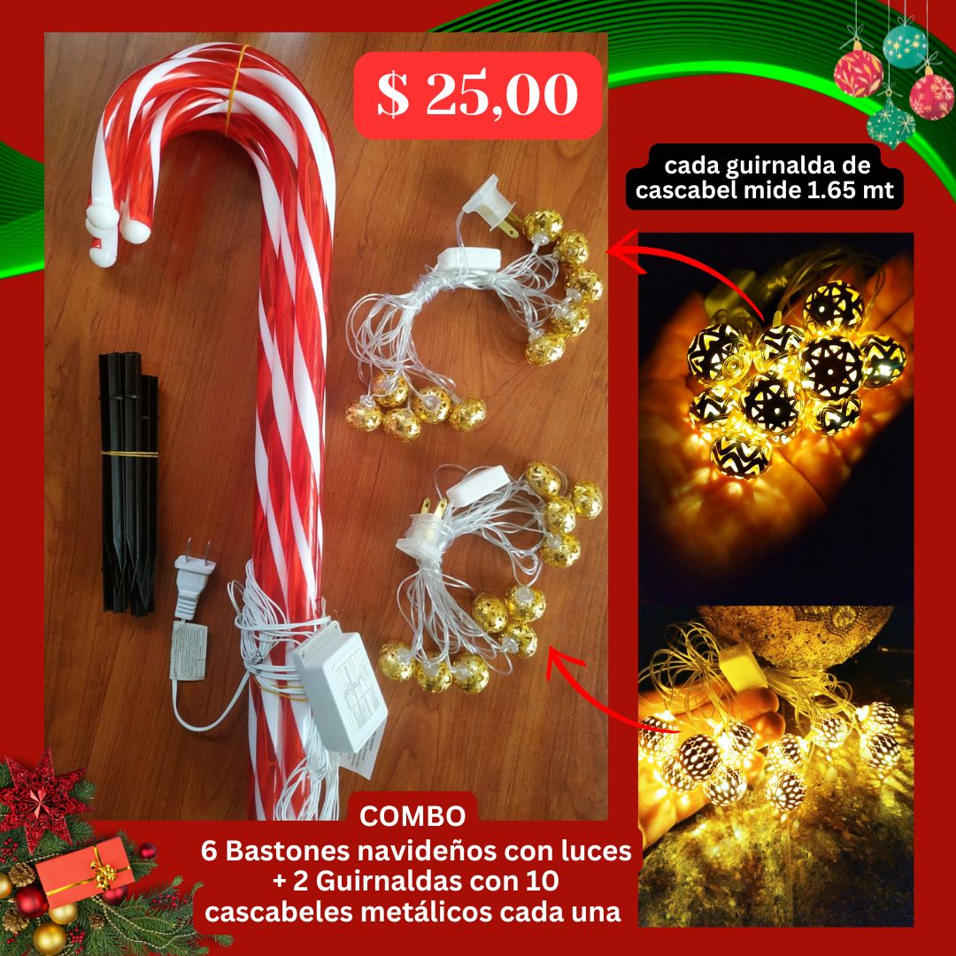 COMBO Bastones Navideños y Guirnaldas Cascabel