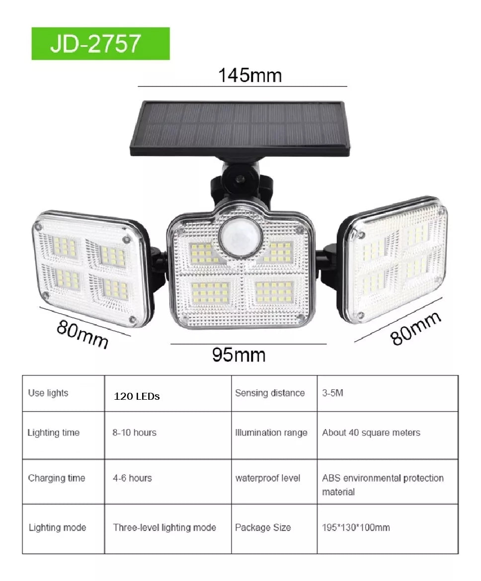 Reflector LED Solar Triple Cabezal (con Sensor de Movimiento)